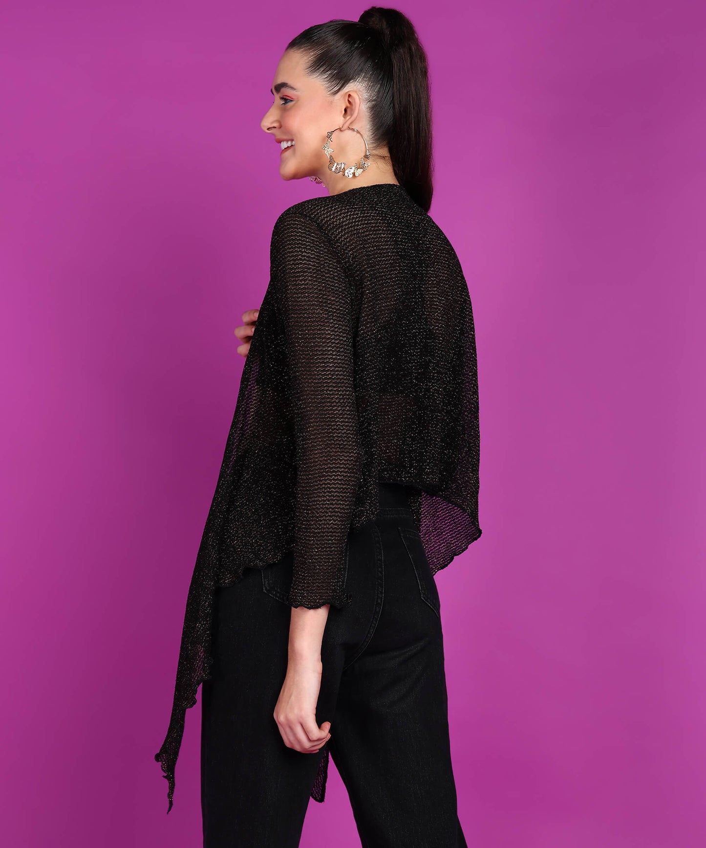 Popwings Women Casual Black Golden Zari Shimmer Open Long Shrug