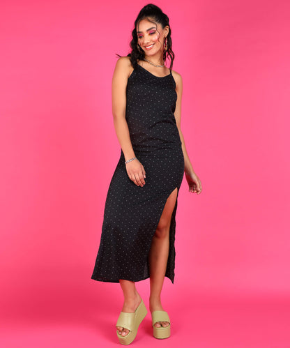 Popwings Women Casual Black Polka Printed High Slit Maxi Dress