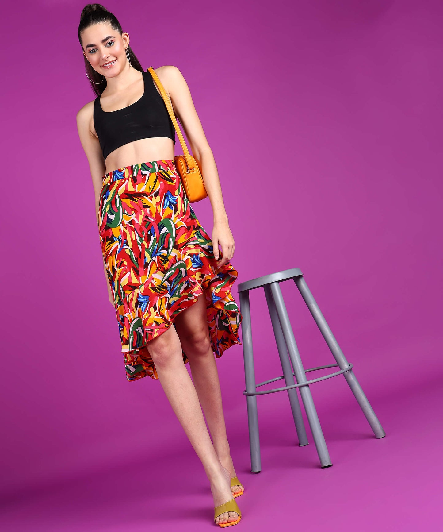 Popwings Women Casual Yellow Floral Printed Asymmetric Flare Skirt