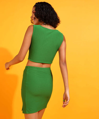 Popwings Women Casual Green Crop Top & Skirt Co-Ords Set