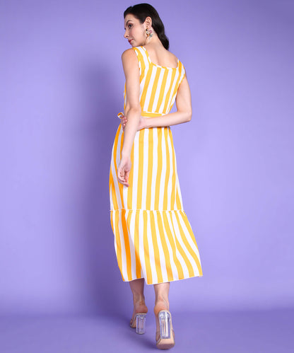 Popwings Women Casual Yellow & White Stripe Long Belt Dress