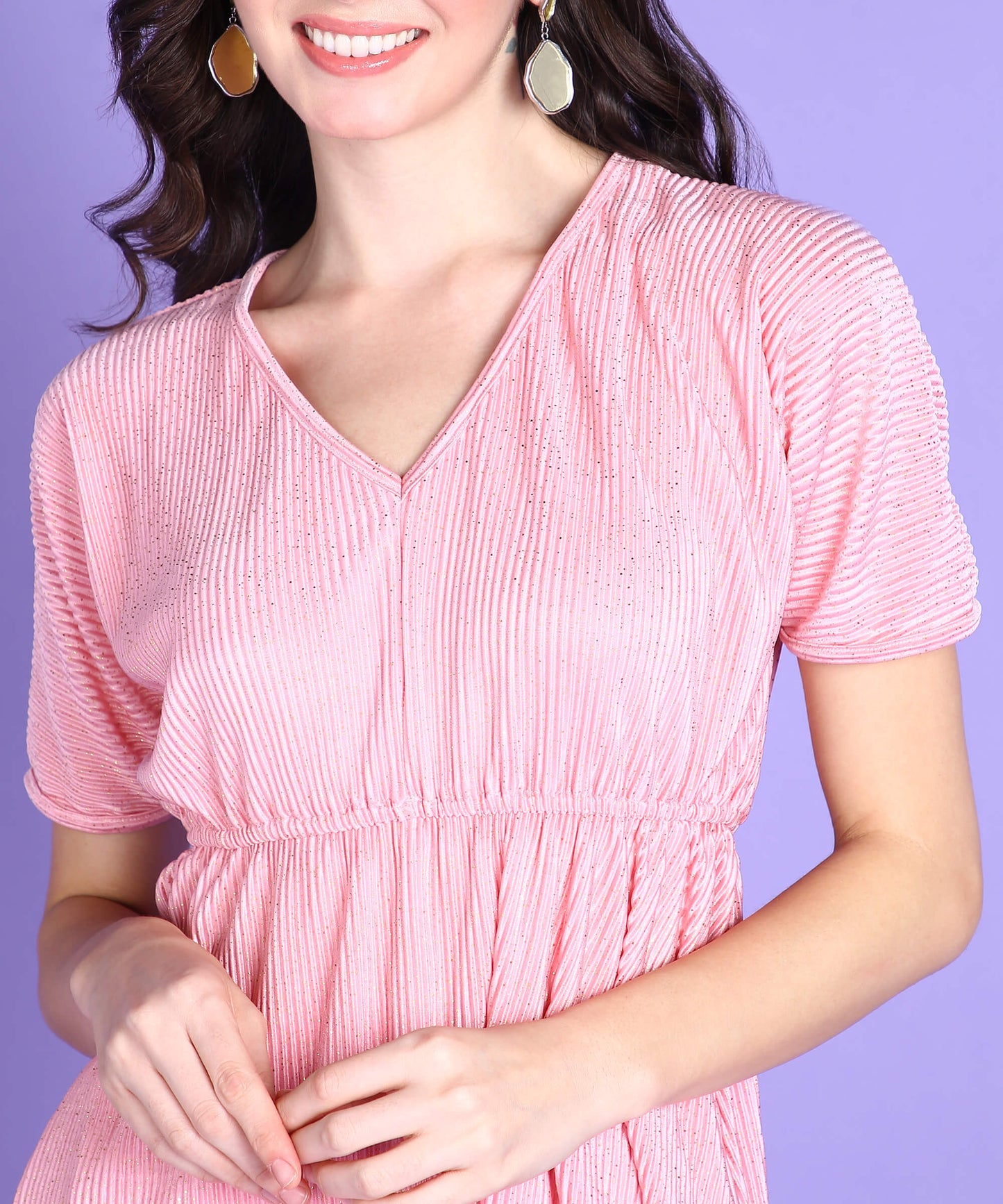 Popwings Women Casual Pink Wrinkle Self Design Shimmer Top & Skirt Co-Ords Set