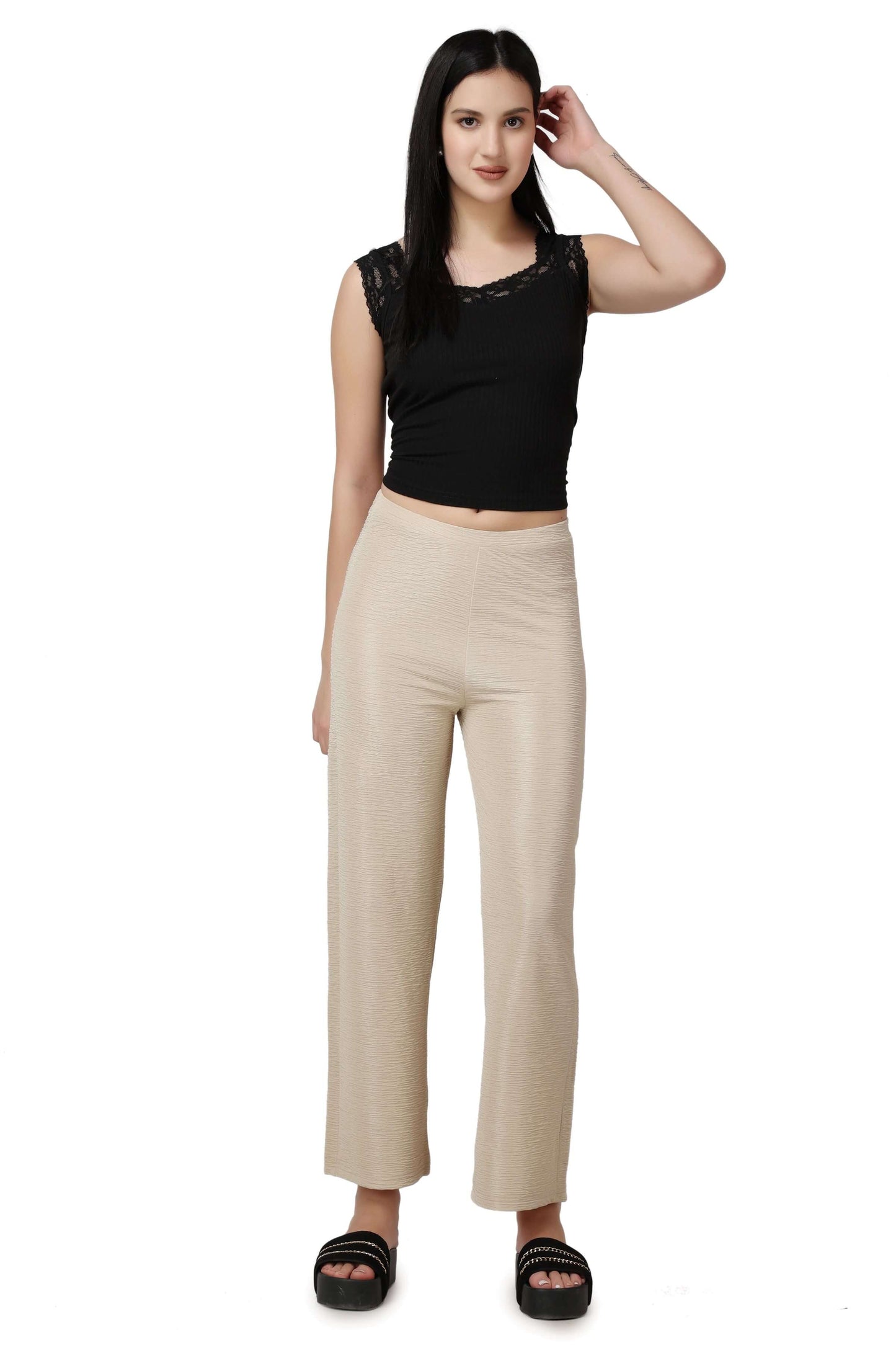 Popwings Women Casual Solid Self Design Relaxed Trouser