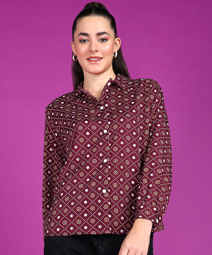 Popwings Women Casual Maroon Bandhani Printed Shirt