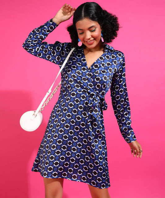 Popwings Women Casual Blue & Black Dot Circle Print Satin Dress