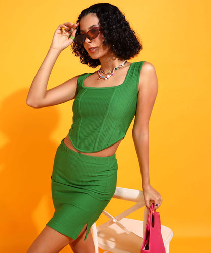 Popwings Women Casual Green Crop Top & Skirt Co-Ords Set