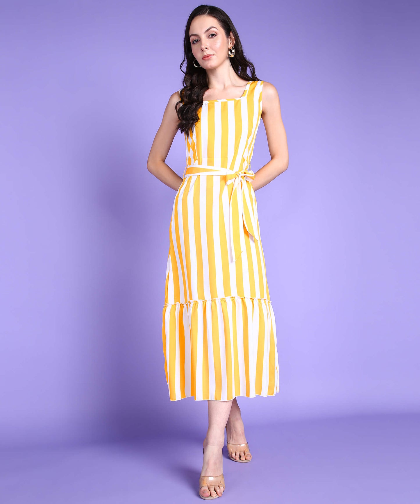 Popwings Women Casual Yellow & White Stripe Long Belt Dress