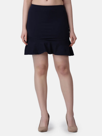 Popwings Women Casual Navy Blue Solid Mini Skater Skirt