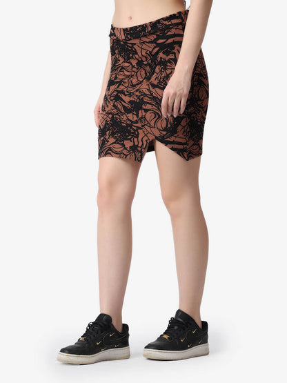 Women Casual Coffee Brown Printed Above Knee Length Pencil Slit Skirt