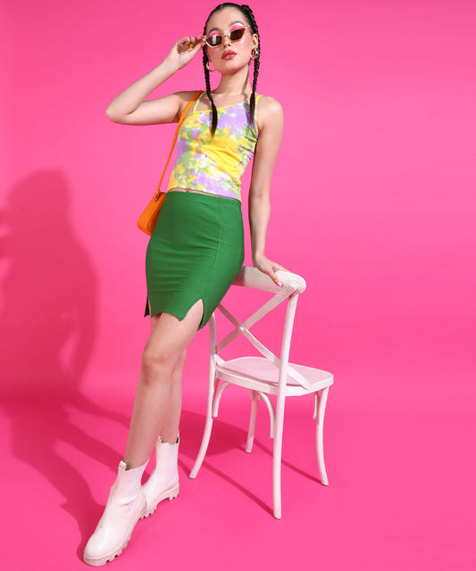 Popwings Women Casual Green Rib Mini Length Solid Pencil Skirt