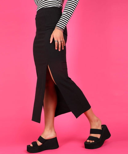 Popwings Women Casual Black Two Slit Long Skirt