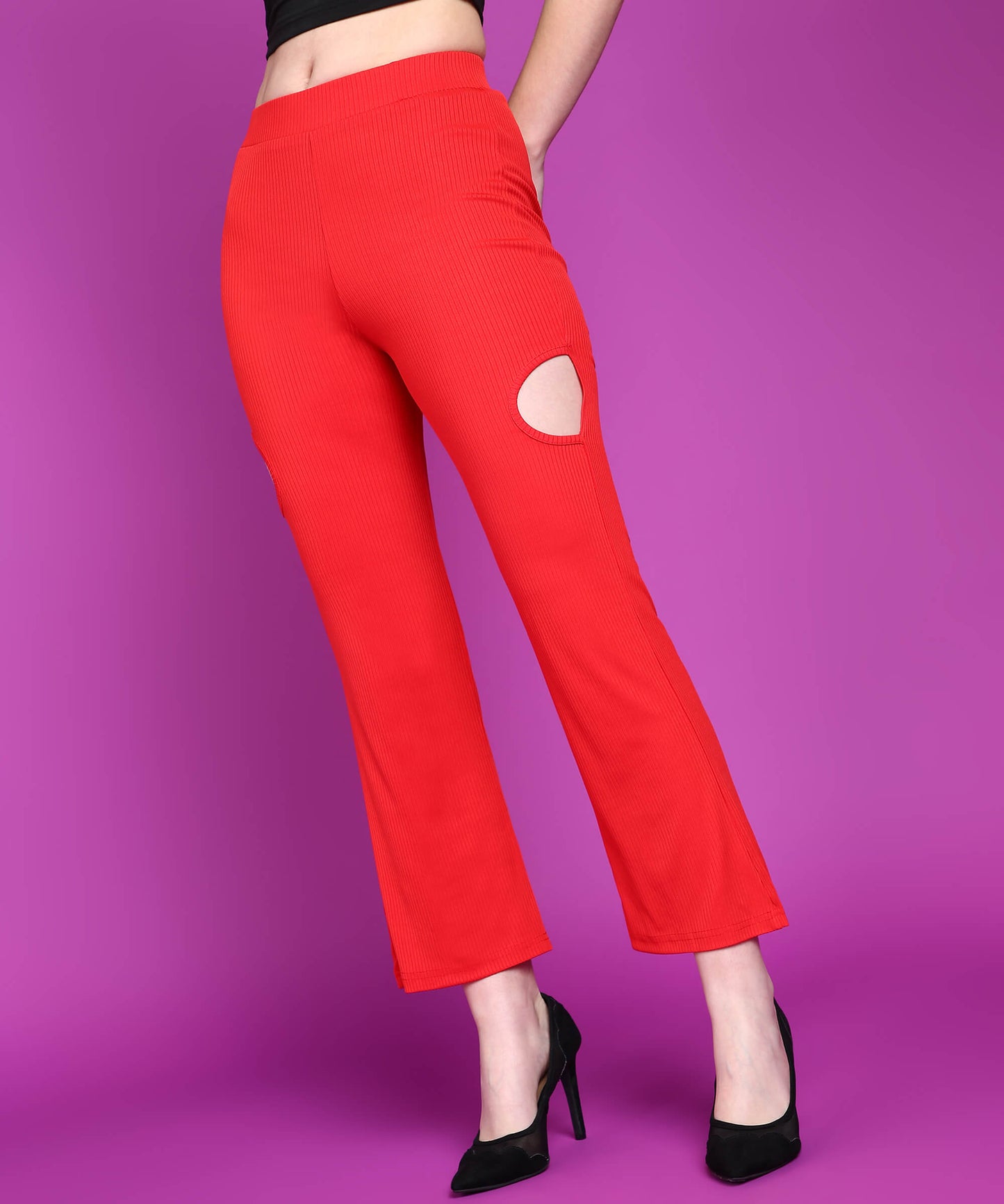 Popwings Women Casual Self Designed Cutout Solid Trouser
