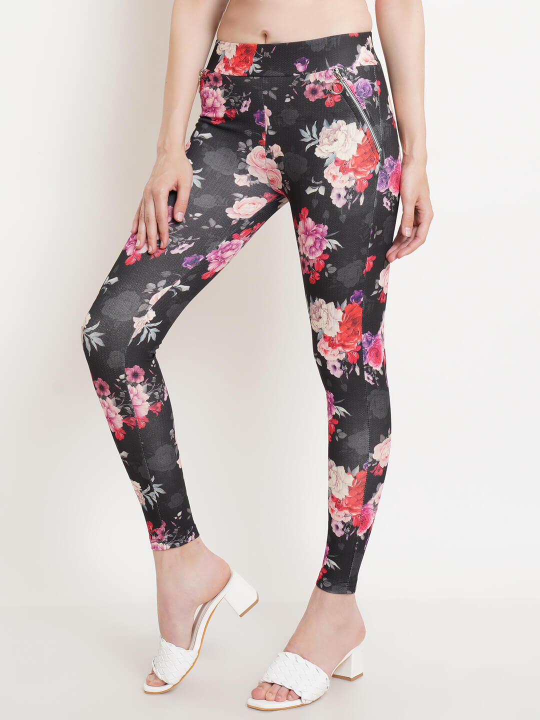 Women Multi Color Floral Solid Mid Rise Body Fitted Jeggings