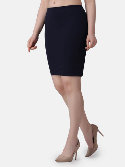 Popwings Women Casual Navy Blue Solid Knee Length Pencil Skirt