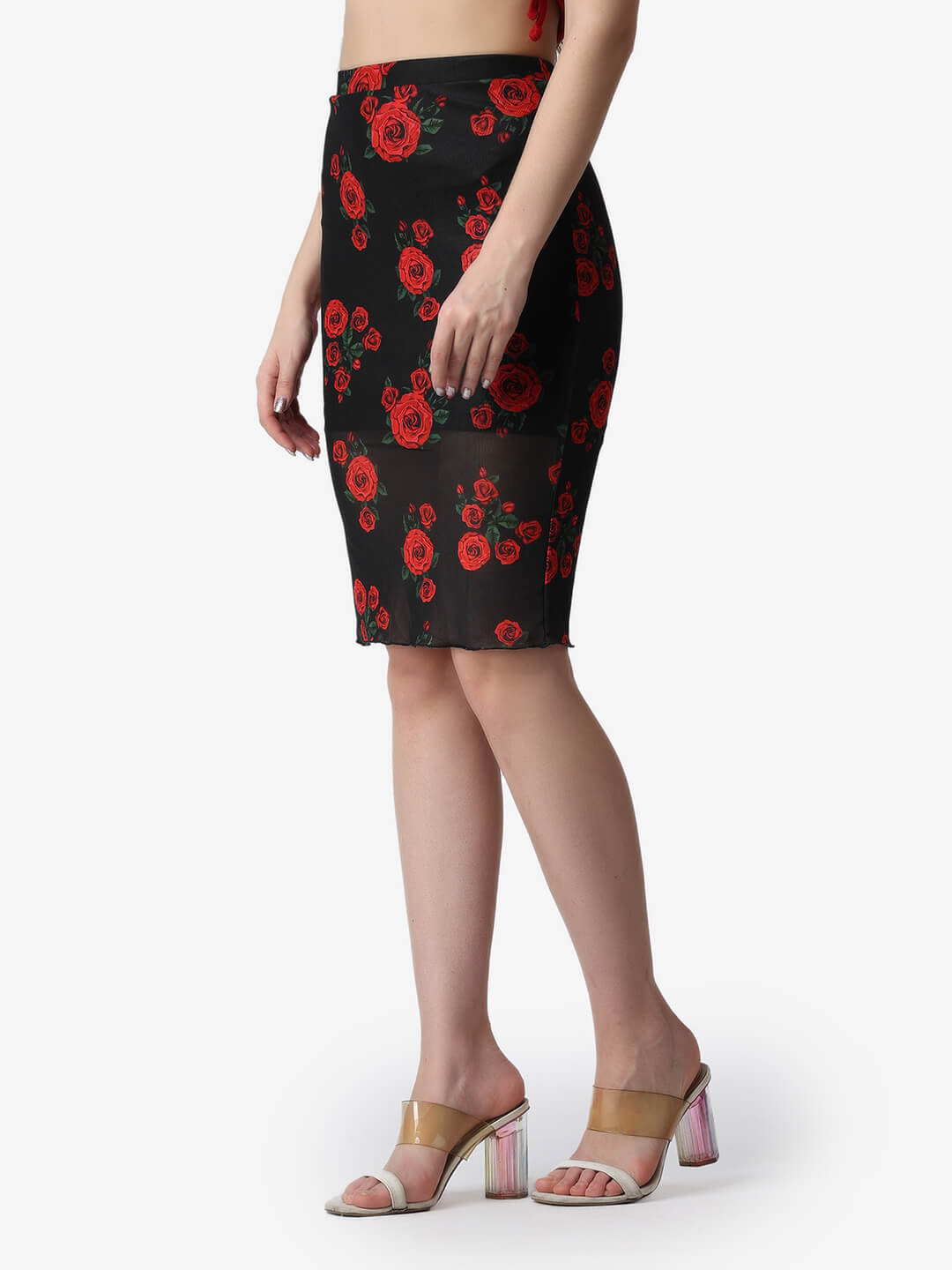 Women Casual Black Floral Printed Sheer with Lining Knee Length Pencil Skirt