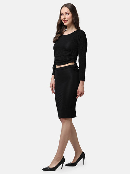 Popwings Women Casual  Black Solid Crop Top and Skirt Co-Ords Set