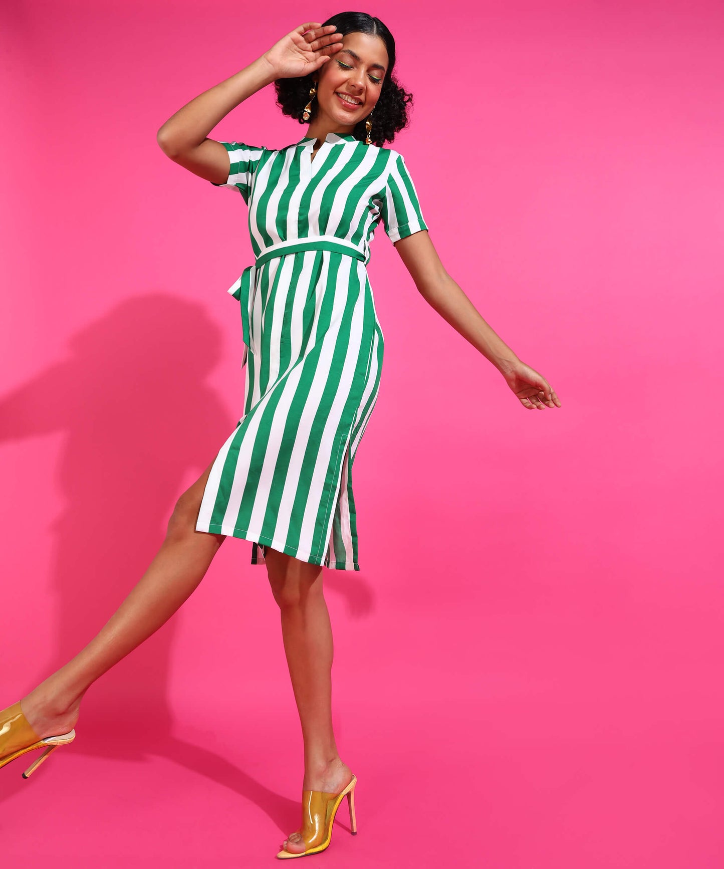 Popwings Women Casual Green & White Stripe Knee Length Collar Dress