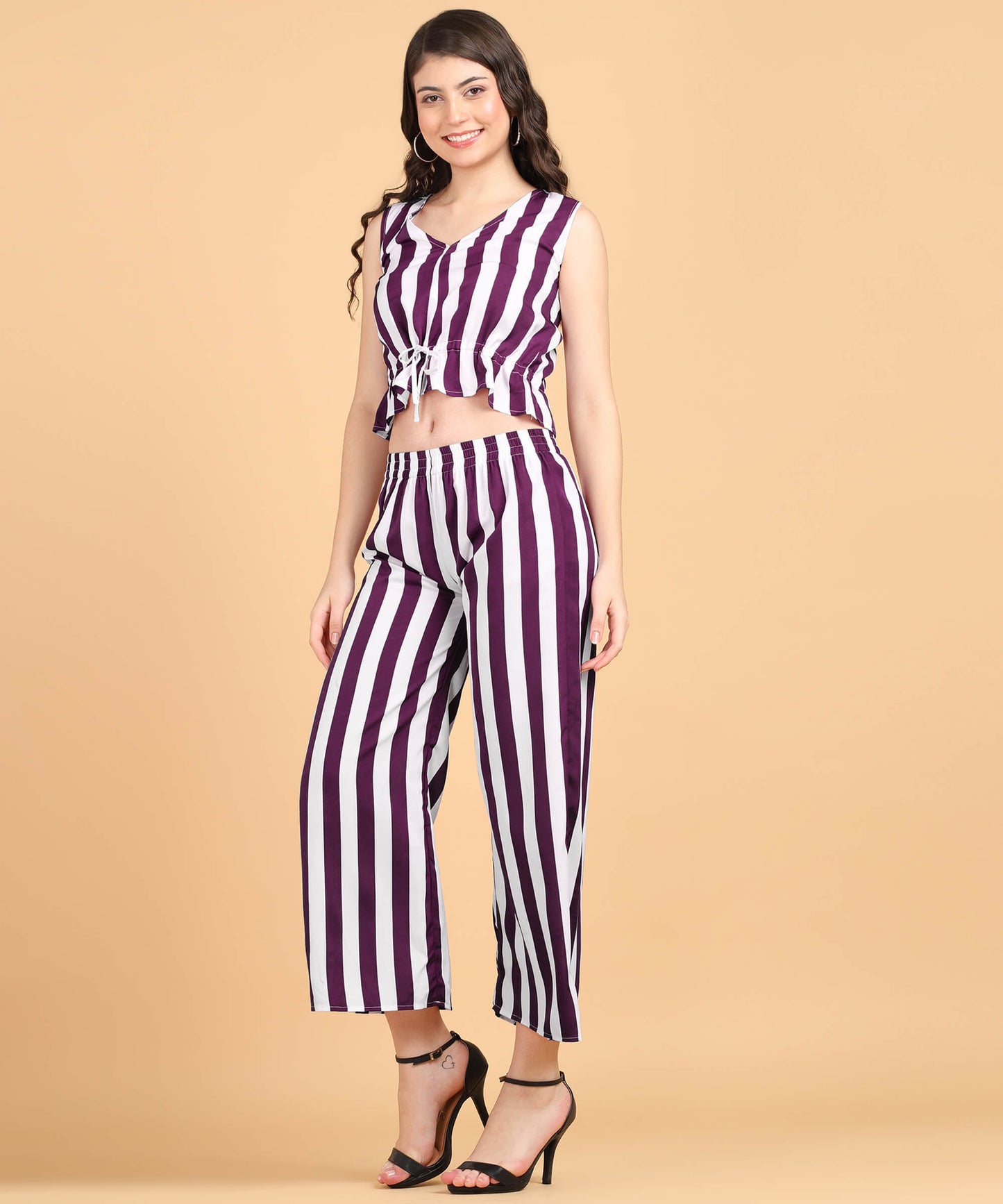 Popwings Women Casual Stripe Printed Crop Top & Trouser Co-Ords Set