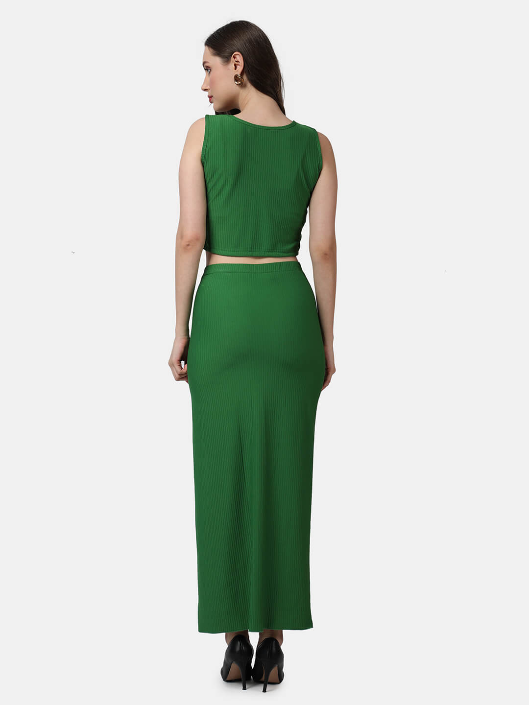Popwings Women Casual Polyester Green Solid Crop Top and Long Slit Skirt Co-Ords Set