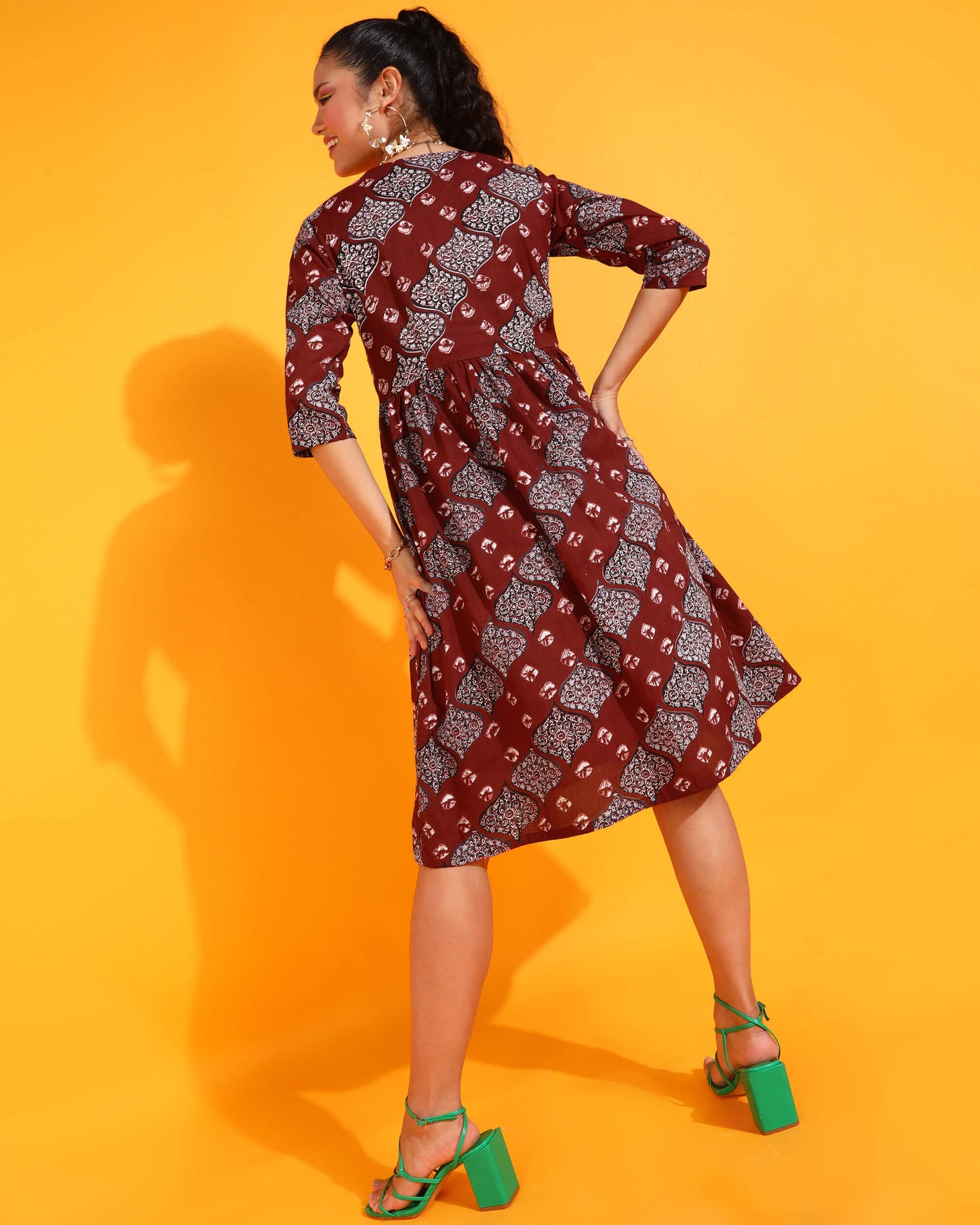 Popwings Women Casual Maroon Bandhani Printed Dress