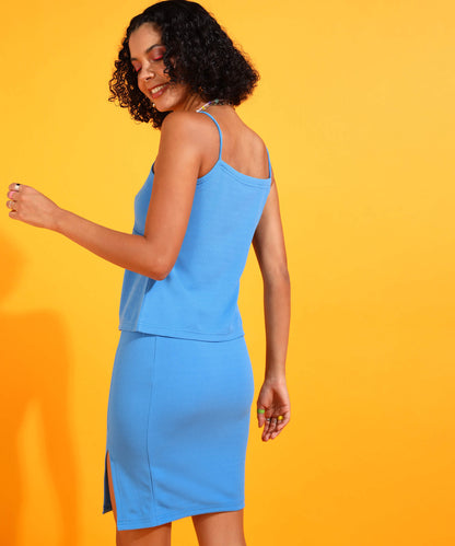 Popwings Women Casual Blue Placket Self Design Silod Top & Slit Skirt Co-Ords Set