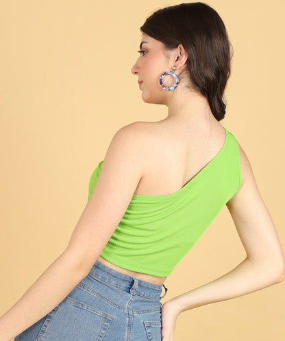Popwings Women Casual Self Design Rib One Shoulder Sleeveless Crop Top