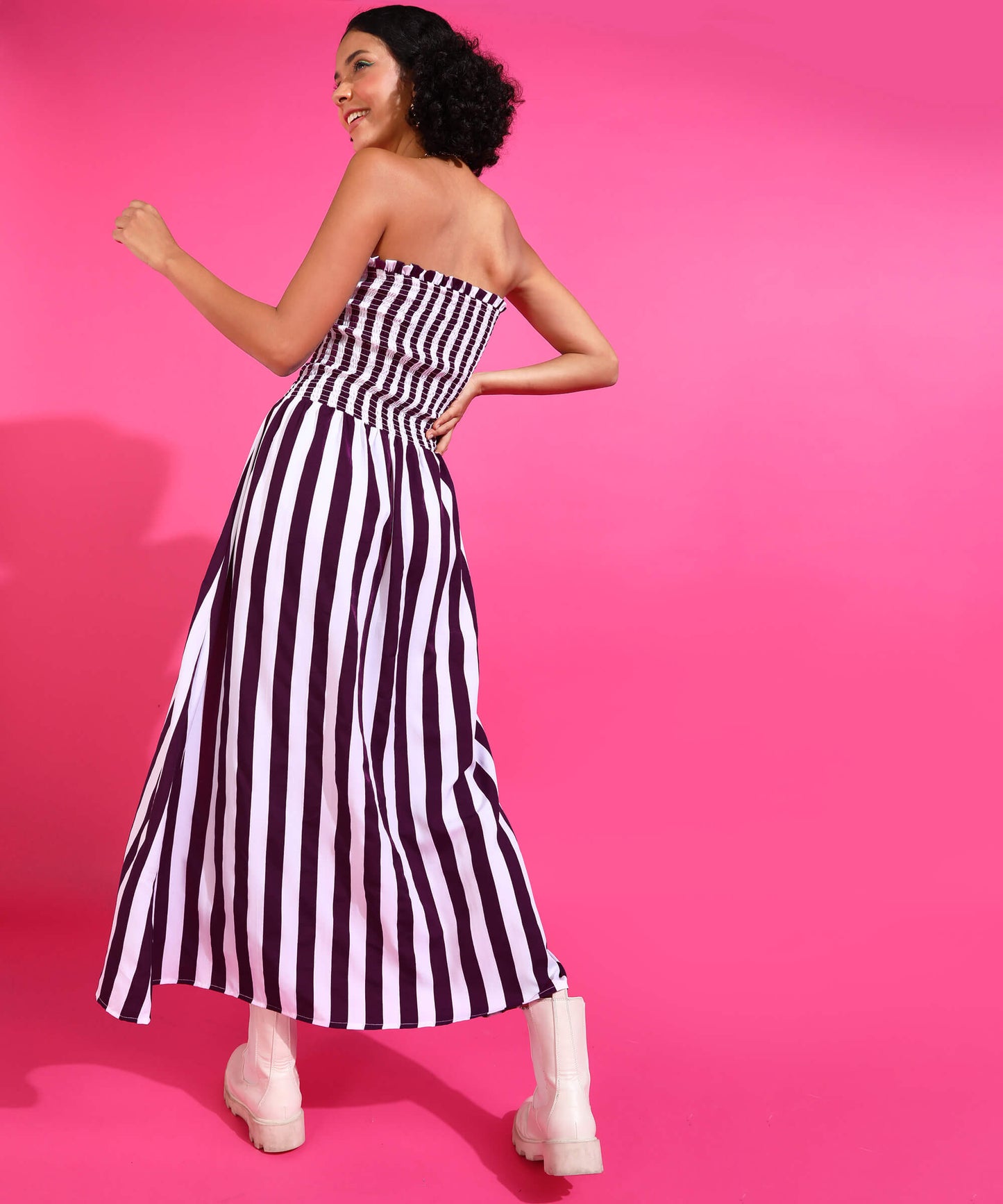 Popwings Women Casual Purple & White Stripe Off Shoulder Long Maxi Dress