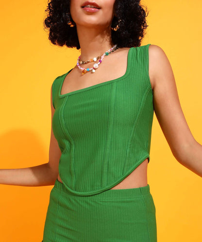 Popwings Women Casual Green Crop Top & Skirt Co-Ords Set