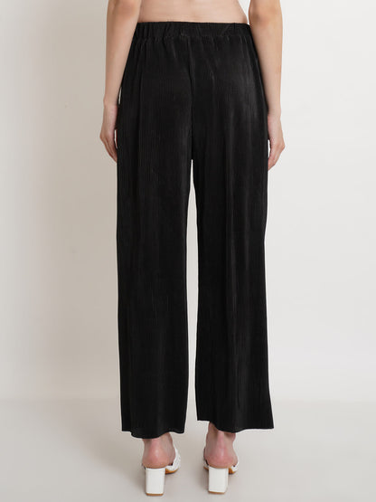 Popwings Women Casual Black Self Design Wrinkle Trouser