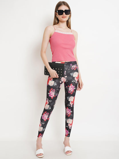 Women Multi Color Floral Solid Mid Rise Body Fitted Jeggings