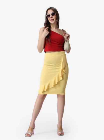 Women Casual Lime Yellow Frill Knee Length Pencil Skirt