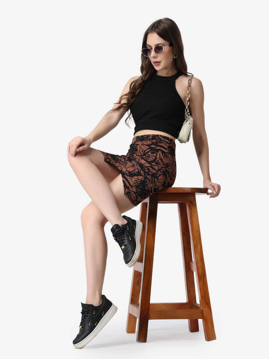 Women Casual Coffee Brown Printed Above Knee Length Pencil Slit Skirt