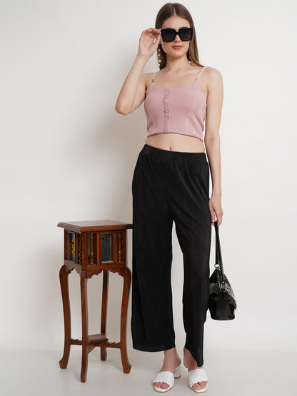 Popwings Women Casual Black Self Design Wrinkle Trouser
