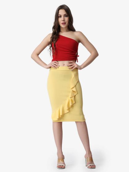 Women Casual Lime Yellow Frill Knee Length Pencil Skirt