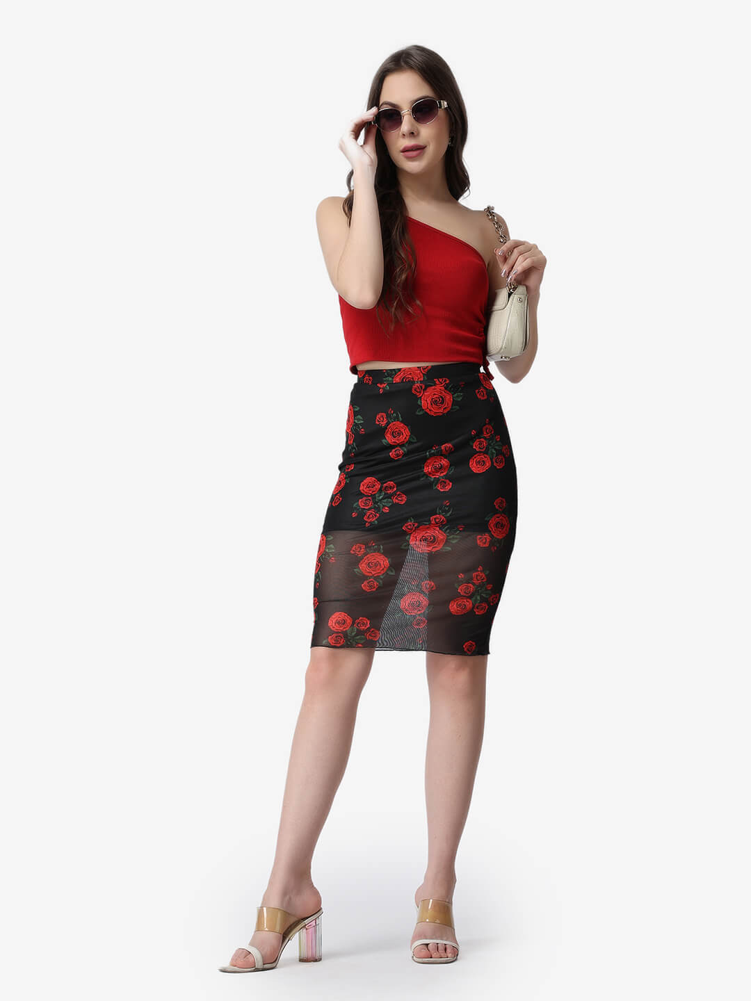 Women Casual Black Floral Printed Sheer with Lining Knee Length Pencil Skirt