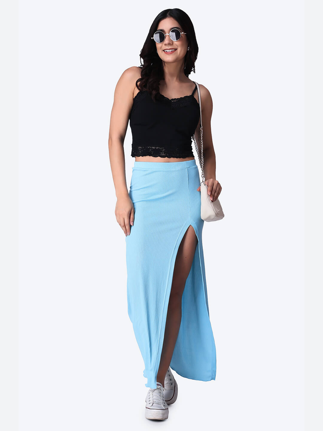 Popwings Women Casual Sky Blue Solid Self Design Ribbed Long Slit Skirt