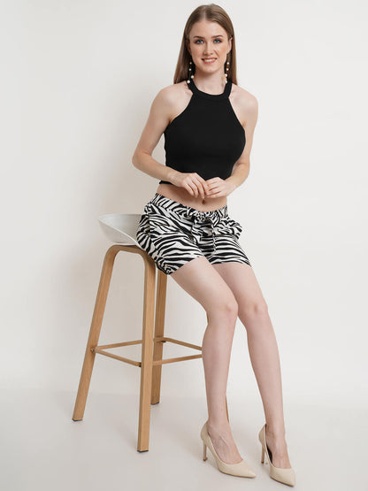 Popwings Women Black Zebra Printed Regular Fit Shorts For Women